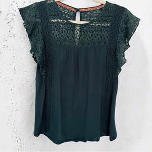 Knox Rose Dark Green Lace Ruffle Sleeve Flowy Boho Top Size XS